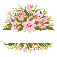 GGreeting card, label. Floral decorative vignette with pink lily flowers and copy space. Decor, composition with daylily, leaves and buds isolated on white background. Vector illustration