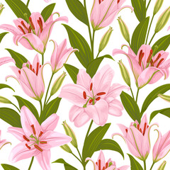 Seamless pattern with pink lily flowers, leaves and buds isolated on a white background. Wallpaper with lilies. Cute floral botanical decoration. Vector illustration