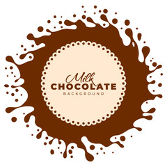 Splash and shake of milk and chocolate. Template with dynamic splash, drops, circle shaped, top view. Can be used for backgrounds, logo, emblem, label of sweet dairy products. Vector illustration