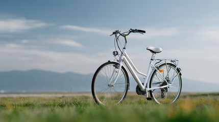 electric bicycle standing alone in vast field illuminated by directed sunlight