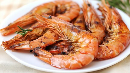 A simple presentation of grilled prawns on a white porcelain dish, with the focus on the crispy shells and the caramelized texture of the prawns.