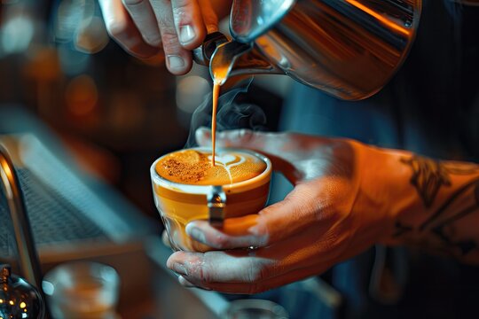Premium Quality Image of Barista Making Cappuccino Bartender Preparing Coffee Drink