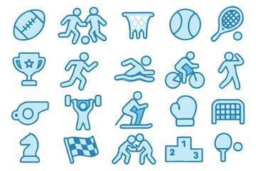 sports activity icons with athletes, football, basketball, cycling, swimming, and fitness equipment, perfect for sports designs icon set