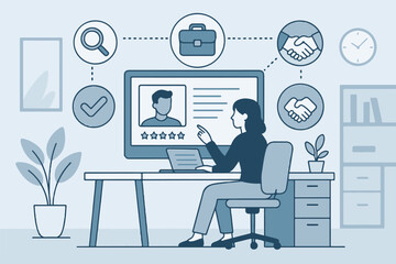 job candidate evaluation icons including recruitment, interviews, hiring process, and resumes, ideal for job search and hiring designs icon set