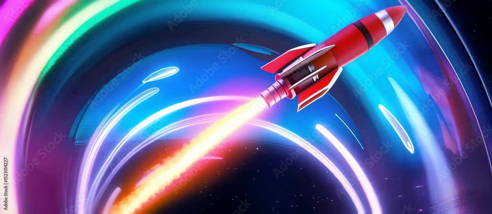 Poster colorful rocket launch through vibrant space vortex with abstract animation