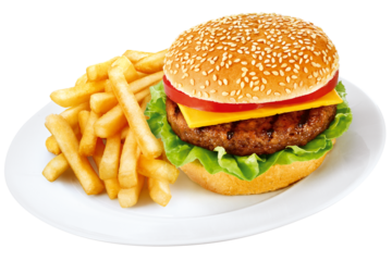 hambúrguer bovino acompanhado de alface, tomate e queijo no pão com gergelim isolado em fundo transparente