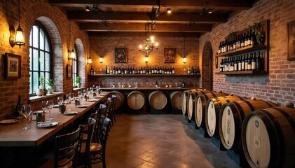 Retro-styled winery tasting room with vintage barrels, exposed brick, and hanging wine bottles Warm lighting creates a cozy atmosphere perfect for wine lovers , vintage, decor
