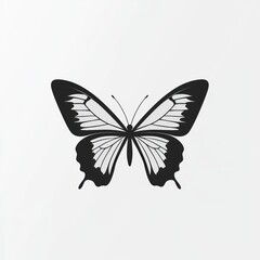 Silhouette of a butterfly.  Black and white graphic of a butterfly in flight, wings patterned with delicate lines.  Simple, elegant design