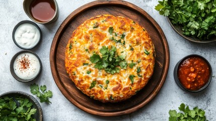 A top-down view of a traditional okonomiyaki served on a wooden plate, surrounded by dipping sauces and garnished with fresh herbs for a colorful presentation.