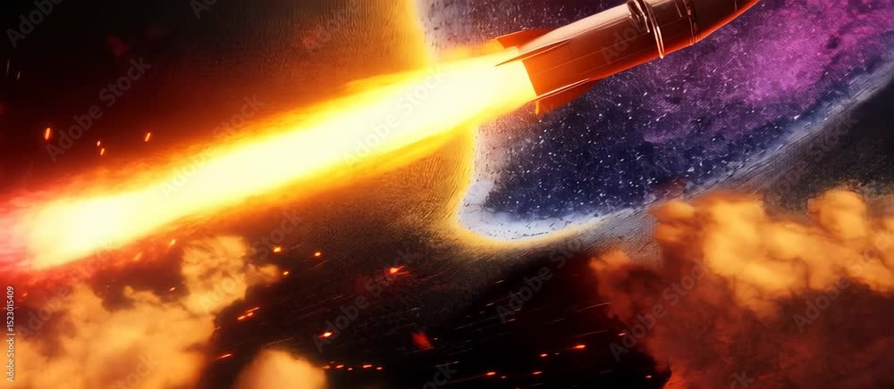 Poster rocket launch with vibrant trailing effects and animated space travel through colorful wormholes