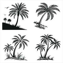 Silhouettes of tropical palm trees against a white background