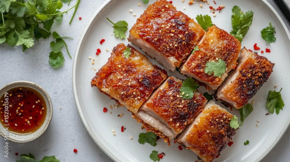 Poster a top-down view of crispy pork belly on a white plate, garnished with coriander and chili peppers, r