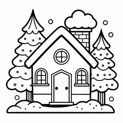 Winter Home Coloring Page SVG – Simple Cartoon House in Snow with Thick Lines, Low Detail, Black & White Line Art