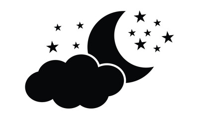Moon and stars icons. Simple crescent moon and stars with cloud silhouette symbol website graphic design. Night concept symbol isolated on white background. Vector illustration.