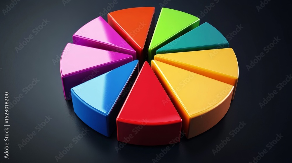 Poster a vibrant d pie chart showcasing financial data, with glossy slices in various colors, set against a