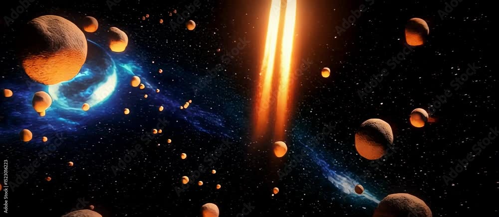 Poster dynamic rocket launch with vibrant space animation and asteroids