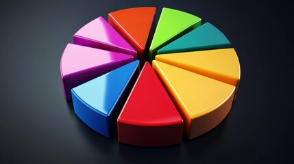 Obraz premium A vibrant D pie chart showcasing financial data, with glossy slices in various colors, set against a sleek black background, emphasizing data representation.