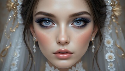 Realistic 3D Bride with Blue Long Lashes – Stunning Digital Wedding Model Featuring Detailed Makeup, Elegant Gown, Lifelike Textures, and Immersive Visual Appeal for Game Assets and CGI Art

