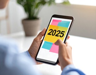 Woman holding tablet with 2025 on sticky note