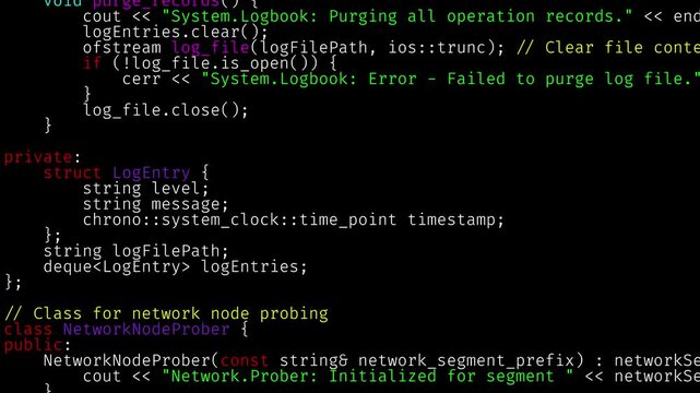 Simulation of programming language code being written with lines of text scrolling very quickly up the screen for a hacking or coding theme