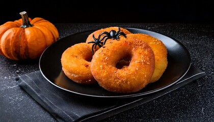 Halloween-faced potato donut on a black plate on a dining table. candles beside