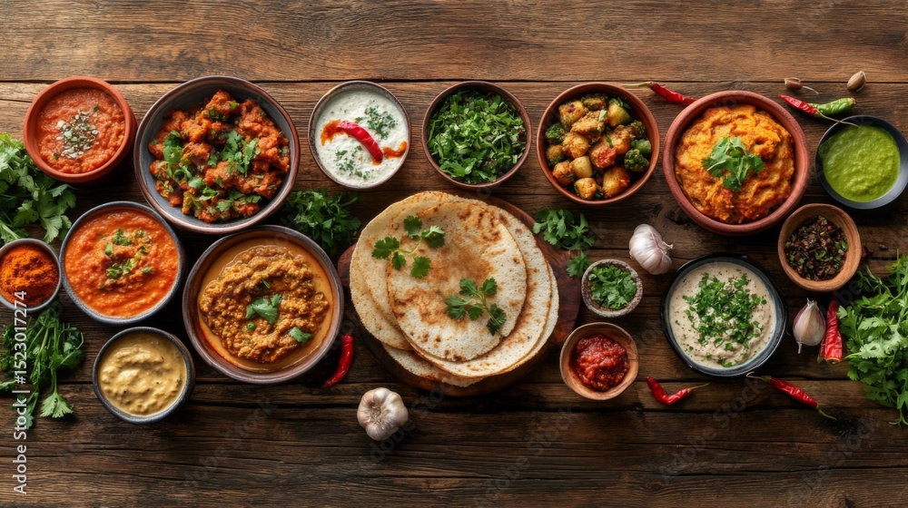 Aufkleber A vibrant presentation of multiple dosas on a rustic wooden table, garnished with fresh herbs and served with an assortment of chutneys and sambar for a delightful feast.