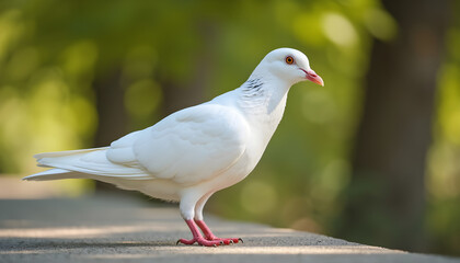 Obraz premium Elegant white pigeon standing on a ledge with a soft green background