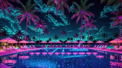 Poolside nightlife scene with neon-lit bars, DJ booth, glowing cocktails, laser lights reflecting on water, electric purple-blue palette, vibrant tropical ambiance.