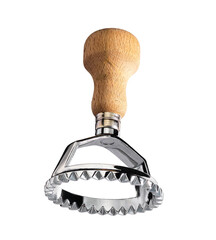 A close-up shot of a single ravioli cutter with a wooden handle and a metal, serrated edge, isolated on a white background.