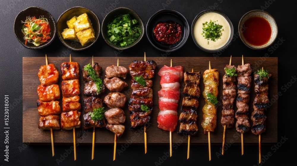 Poster a vibrant shot of yakitori skewers arranged in a fan shape on a wooden board, garnished with fresh h