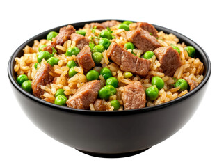 Fototapeta premium Serving of Fried Rice with Beef and Green Peas in Black Bowl