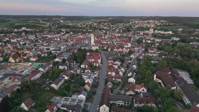 Bavarian Drone City fly over across Pfaffenhofen Ilm to see a typical and traditional city center