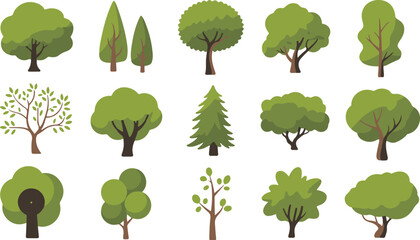 Set of 15 Flat Tree Vector Illustrations – Lush Green Trees and Foliage Icons for Nature, Forest, Landscape, and Eco Design Projects