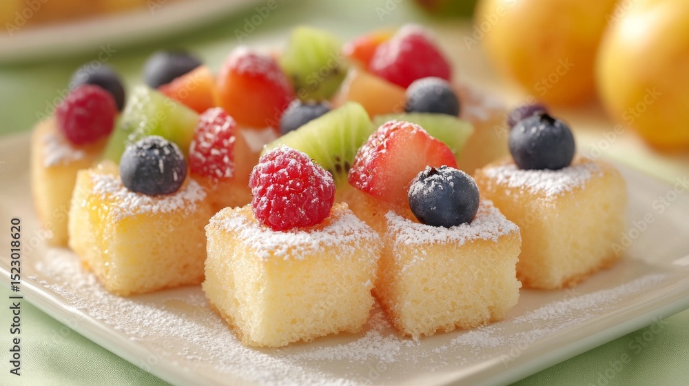 Poster a whimsical presentation of mini honey toast bites served on a plate, topped with colorful fruit and