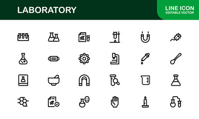 Laboratory Icon Set Featuring Scientific Equipment, Test Tubes, Microscopes, and Chemical Symbols