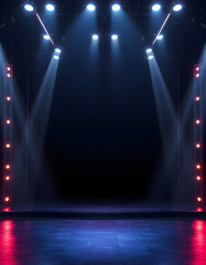 "Desolate futuristic stage with glowing neon streaks, luminous diodes, and sharp abstract lines against a shadowy urban nightscape.", smooth light. White tone