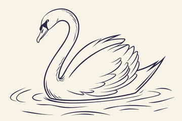 Elegant minimalist swan floating calmly on water, ink-style line drawing