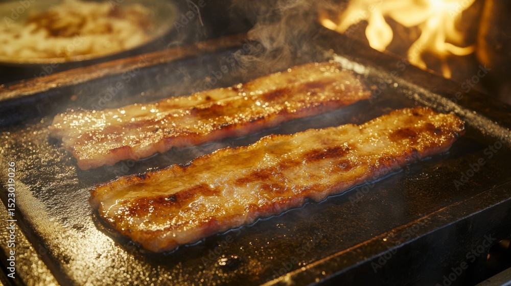 Poster bacon strips sizzling on a griddle, with smoke rising as the fat bubbles and the edges turn crisp an