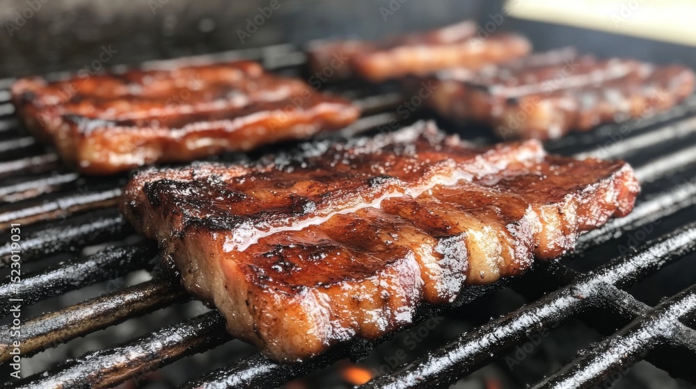 Poster bacon strips resting on a grill, with char marks and sizzling fat, creating a smoky, crispy texture 