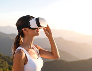 Woman wearing VR headset on mountaintop