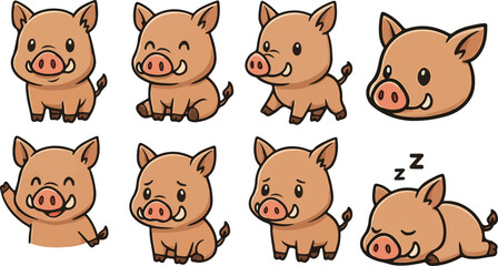 Obraz premium vector illustration of boar pig cartoon funny cute mascot character cartoon with 8 poses 03