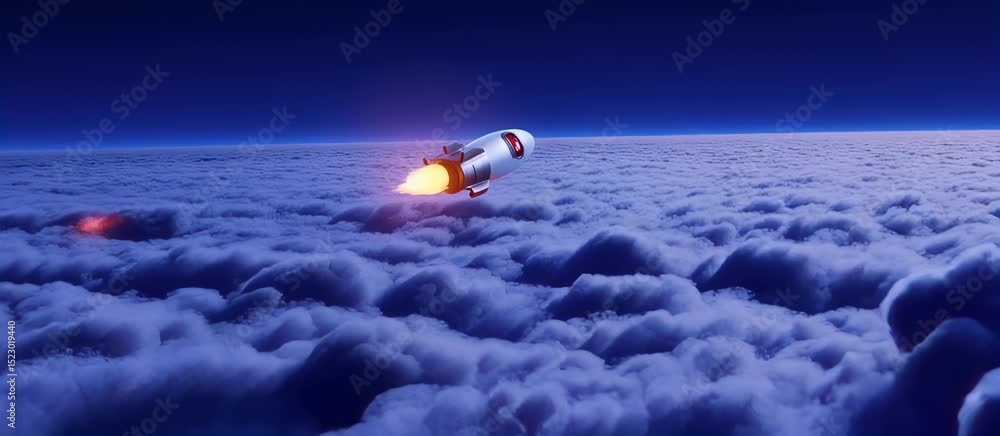 Poster dynamic rocket launch and space travel through clouds in vibrant animation
