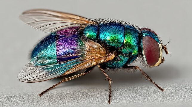 Close-up view of a colorful insect with iridescent wings on a neutral background showcasing intricate details