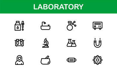 Laboratory Icon Set Featuring Scientific Equipment, Test Tubes, Microscopes, and Chemical Symbols