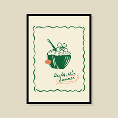 Coconut cocktail sketch style vector illustration in a poster frame. Art for print design, greeting card, postcards, branding, logo design.