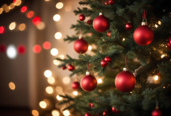 Obraz premium Beautiful Christmas Tree Decorated With Red Ornaments