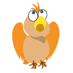 Funny orange bird sitting with a pensive expression, folded wings, closed mouth and big eyes staring up. Cartoon vector illustration on white background.