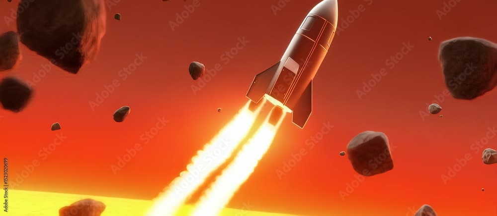 Aufkleber rocket launch and asteroid field animation with fiery propulsion effects