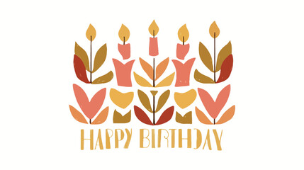 Fototapeta premium Whimsical happy birthday cake illustration with colorful leaves and hand lettering - perfect for eco-friendly celebration cards and nature-inspired designs 
