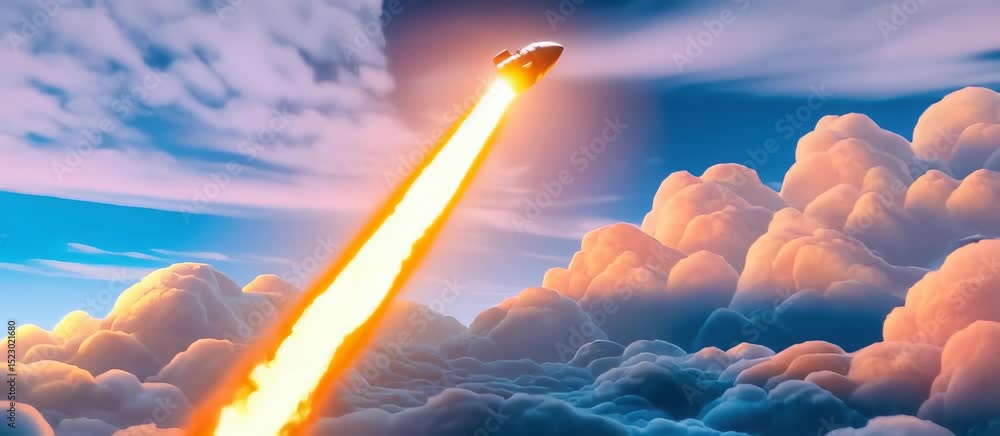 Poster dynamic rocket launch through vibrant clouds and fiery trails in spacethemed animation